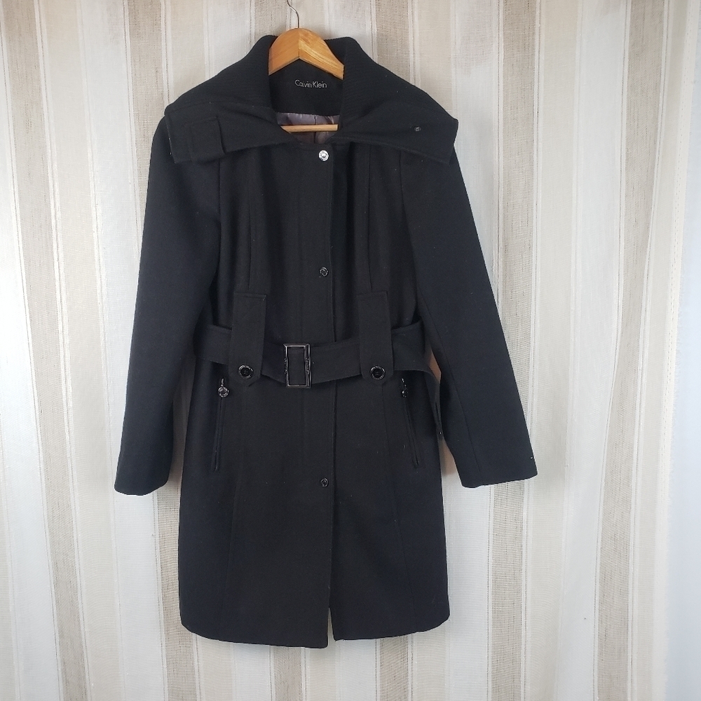 Calvin‎ Klein Wool Blend Trench Pea Coat Black Size 6